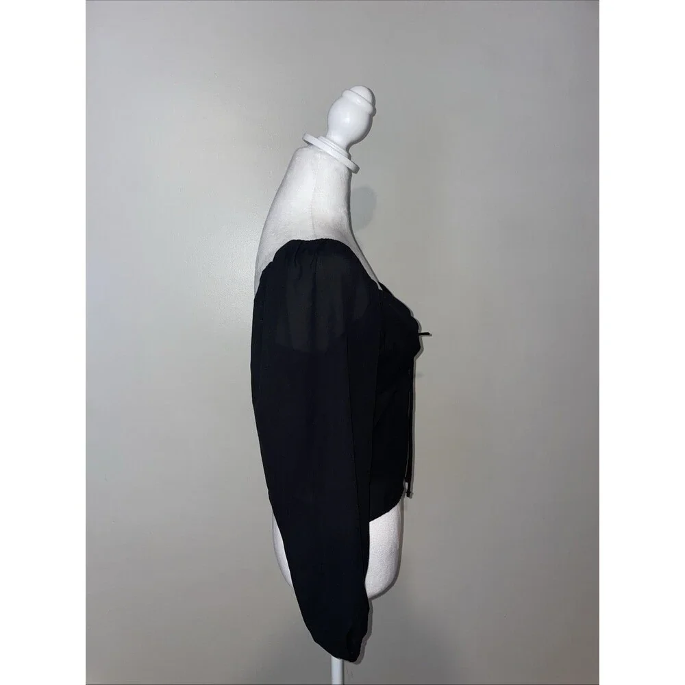 Abercrombie & Fitch M Black Smocked Top Puff Sleeve Ruched Tie Front Crop Blouse
